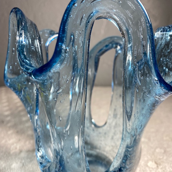 Vintage Blue Hand Blown Stretch Bubble Candle Art Glass Design Holder - Picture 8 of 11